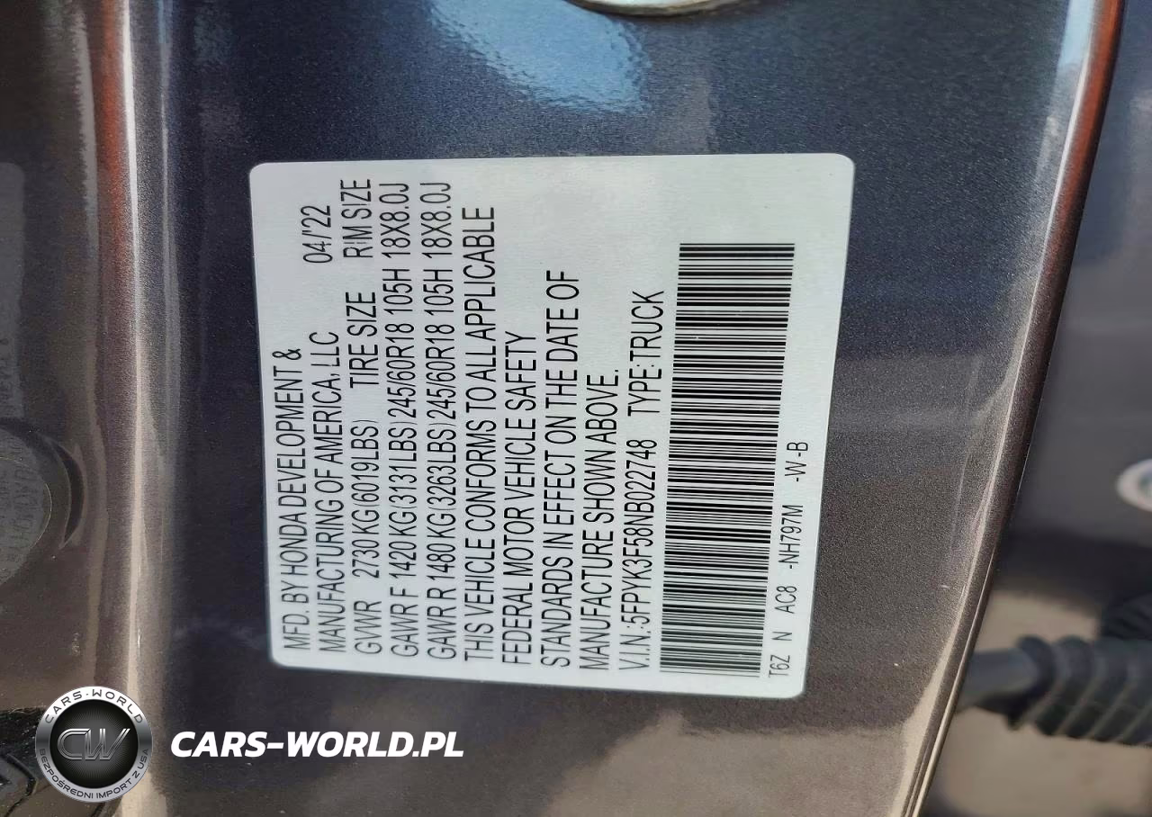 2022 Honda Ridgeline Rtl VIN:5FPYK3F58NB022748 - 12