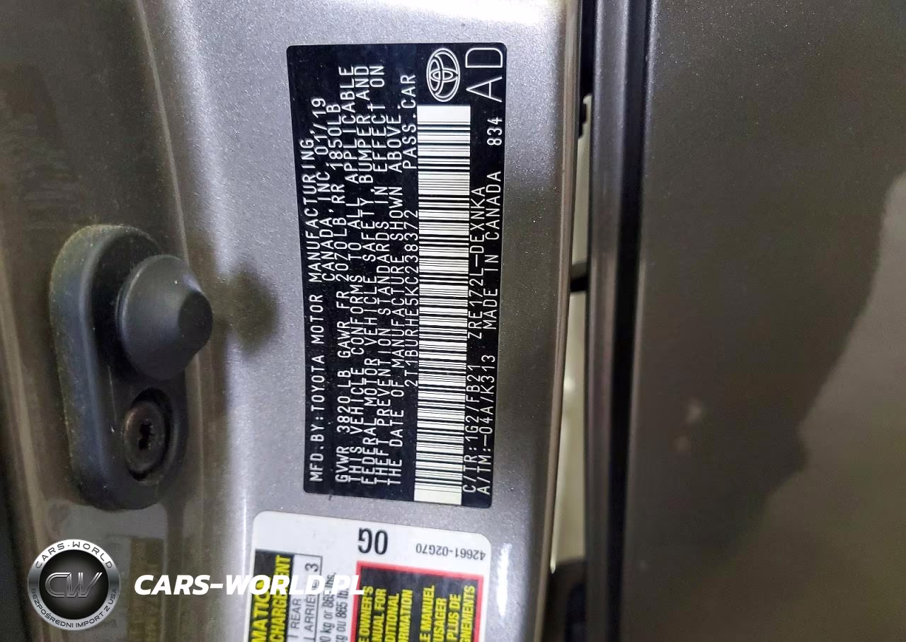 2019 Toyota Corolla Le VIN:2T1BURHE5KC238372 - 12