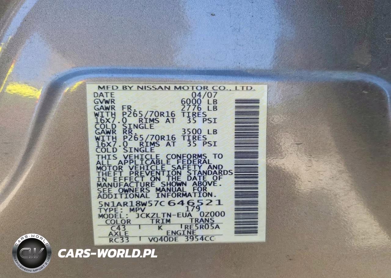 2007 Nissan Pathfinder S VIN:5N1AR18W57C646521 - 13