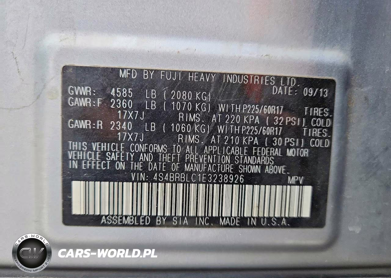 2014 Subaru Outback 2.5I Limited VIN:4S4BRBLC1E3238926 - 12