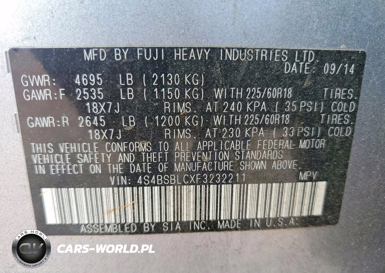 2015 Subaru Outback 2.5I Limited VIN:4S4BSBLCXF3232211 - 14