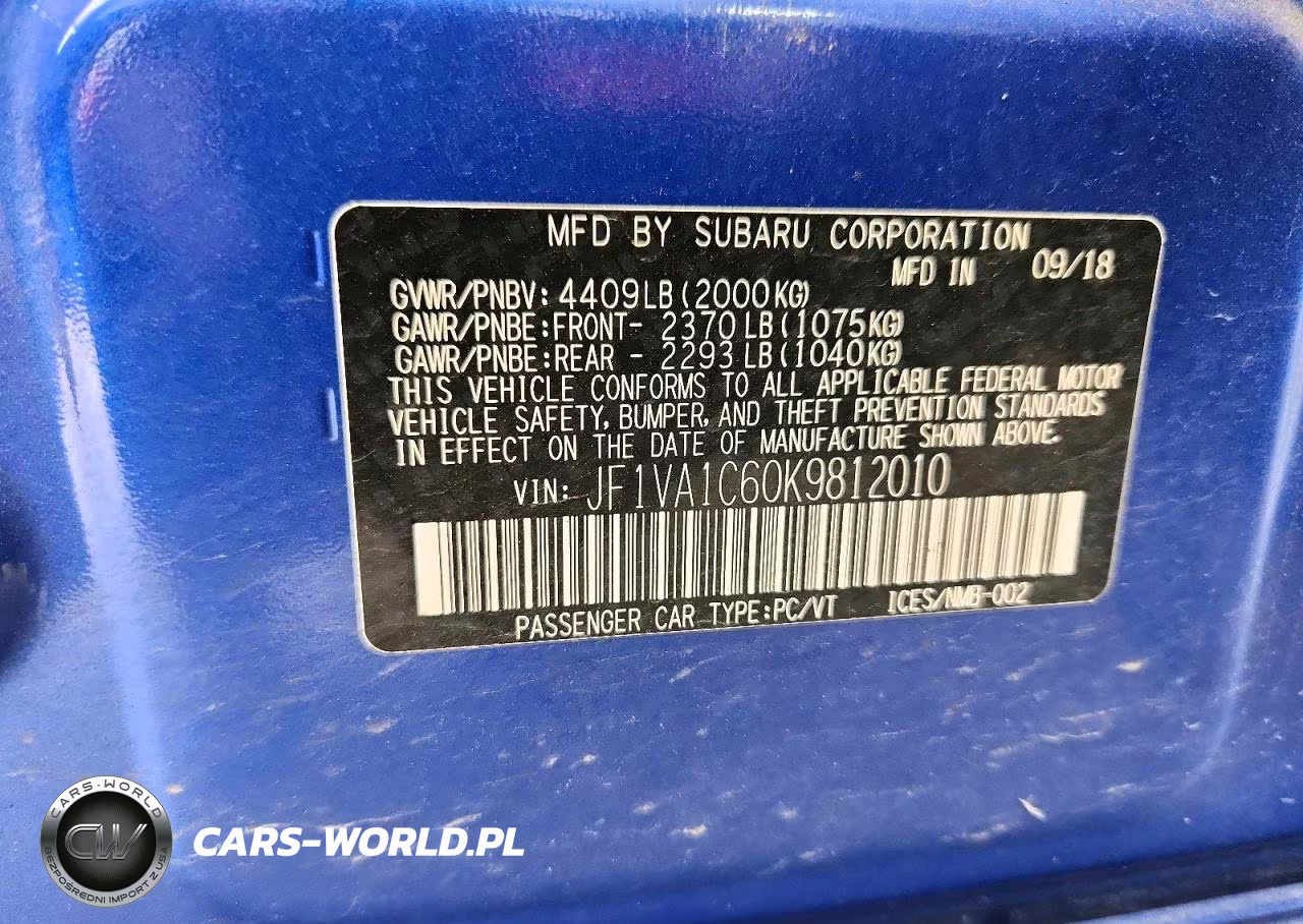 2019 Subaru Wrx Premium VIN:JF1VA1C60K9812010 - 12