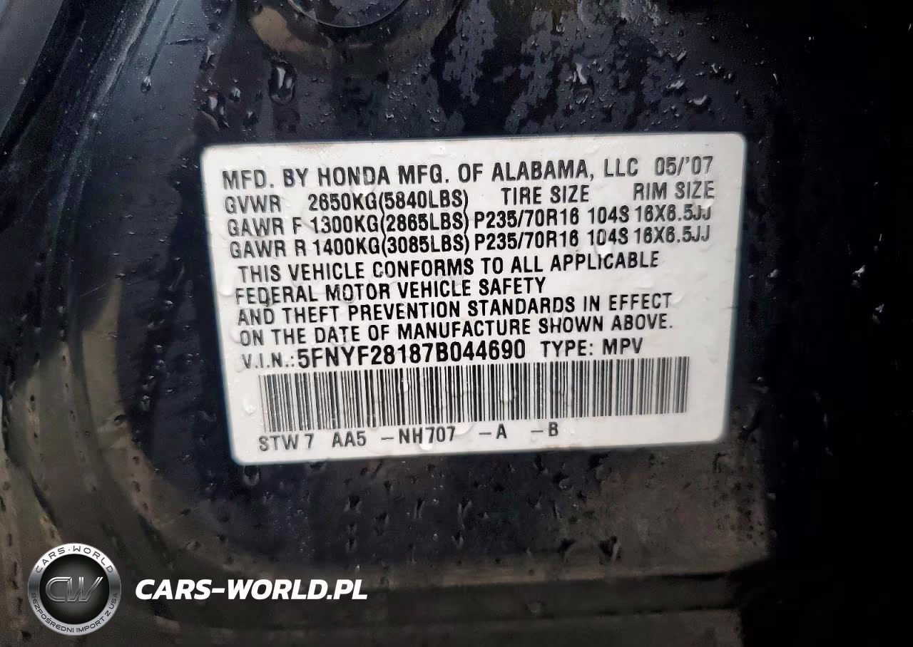 2007 Honda Pilot Lx VIN:5FNYF28187B044690 - 13