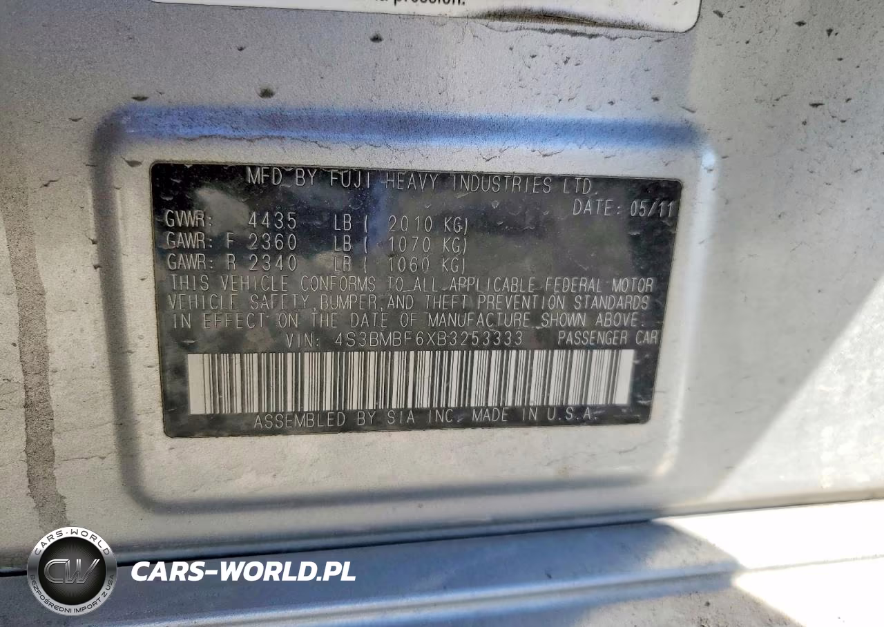 2011 Subaru Legacy 2.5I Premium VIN:4S3BMBF6XB3253333 - 12