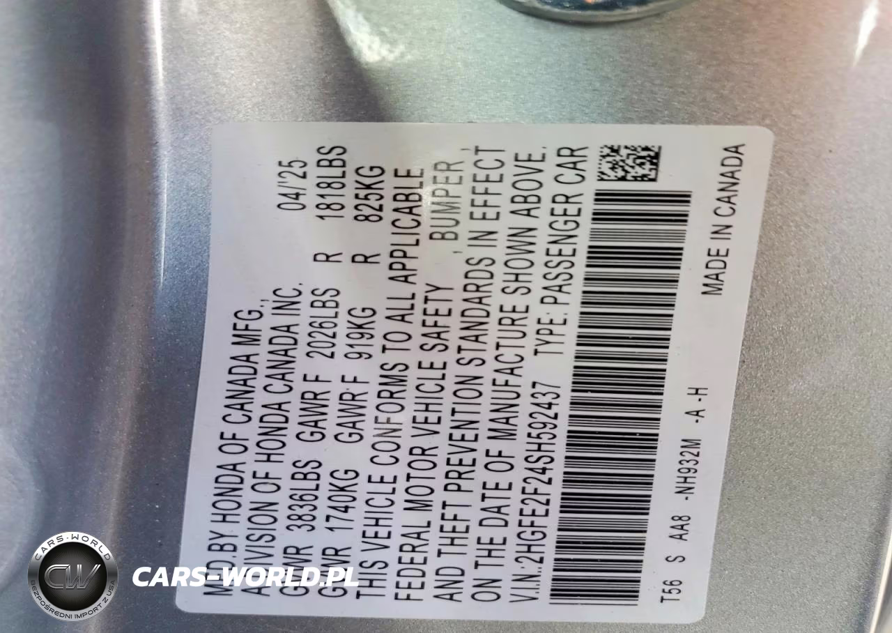 2025 Honda Civic Lx VIN:2HGFE2F24SH592437 - 12