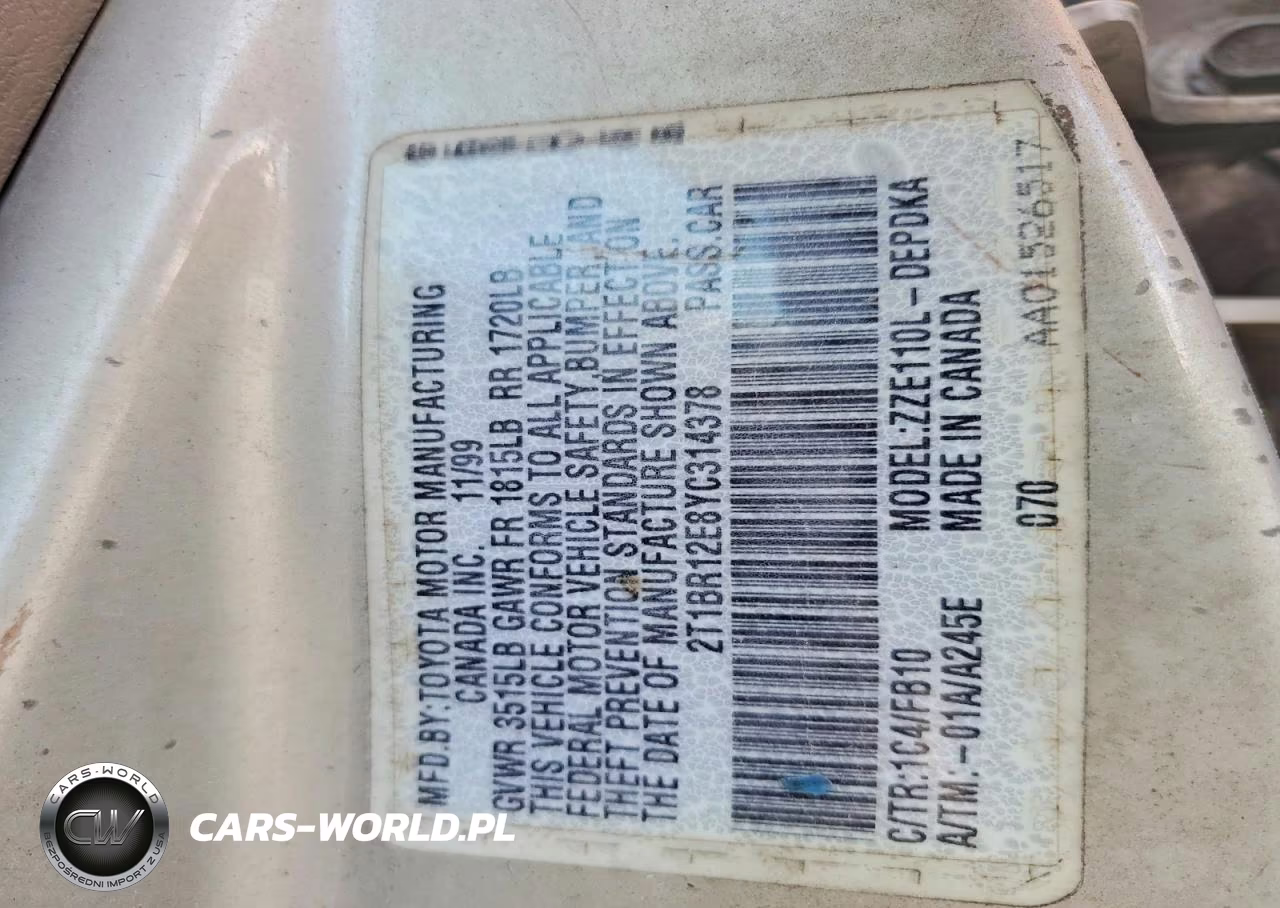 2000 Toyota Corolla Ve VIN:2T1BR12E8YC314378 - 12