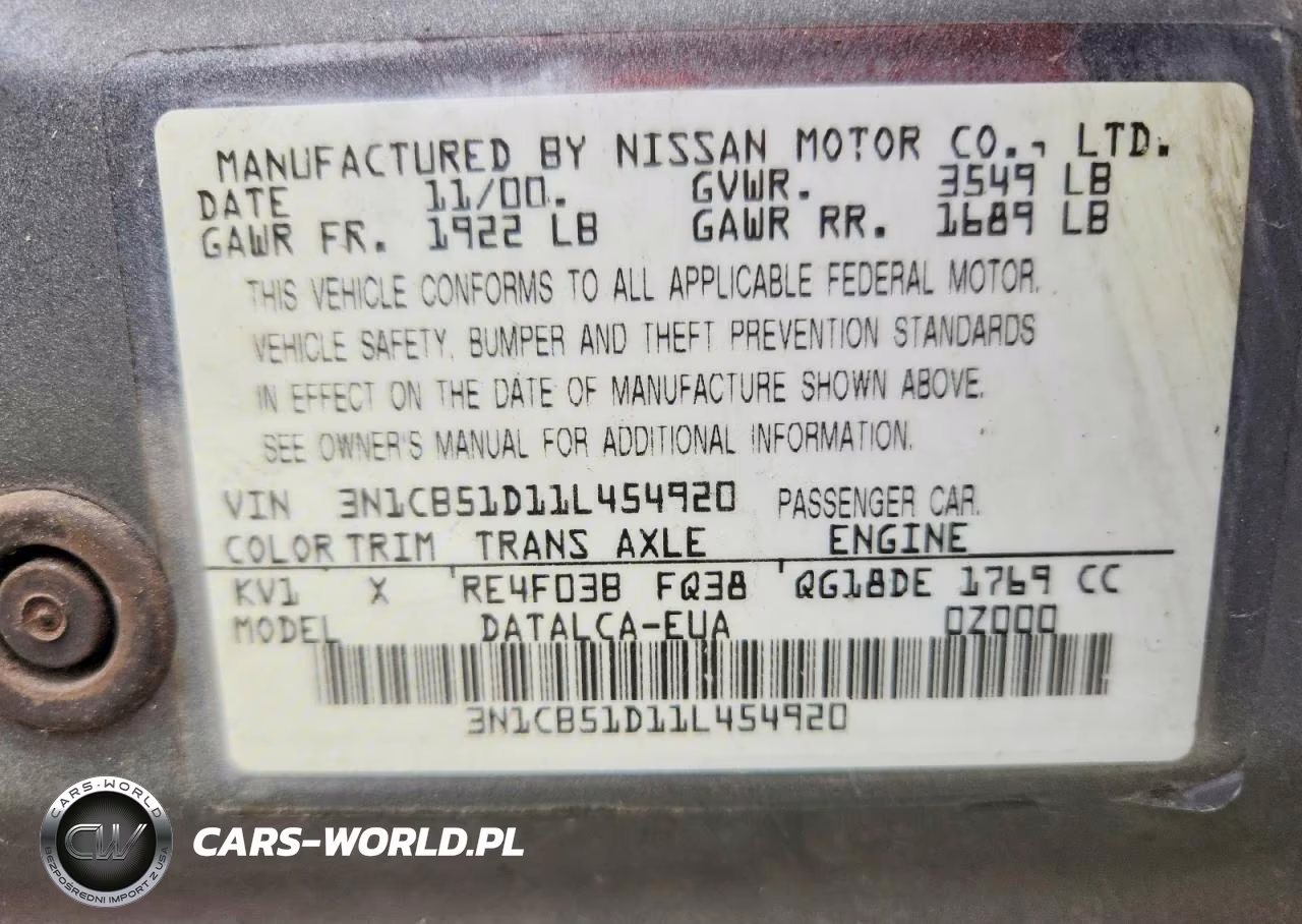 2001 Nissan Sentra Xe VIN:3N1CB51D11L454920 - 12