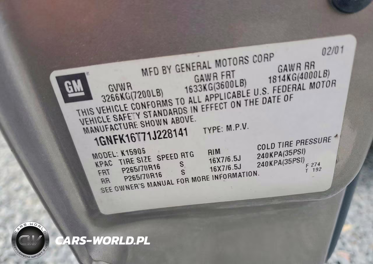 2001 Chevrolet Suburban K1500 VIN:1GNFK16T71J228141 - 13