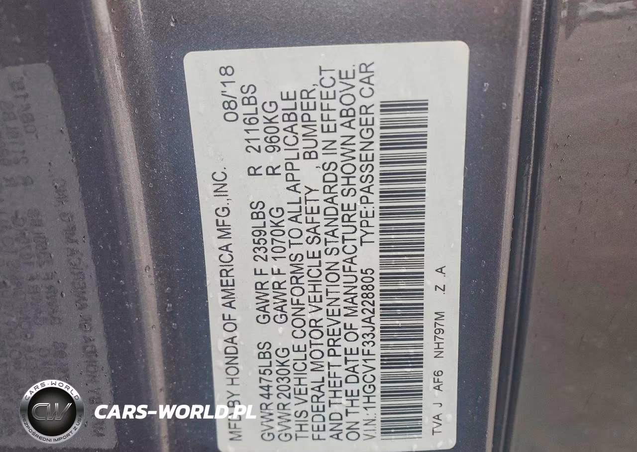 2018 Honda Accord Sport VIN:1HGCV1F33JA228805 - 12