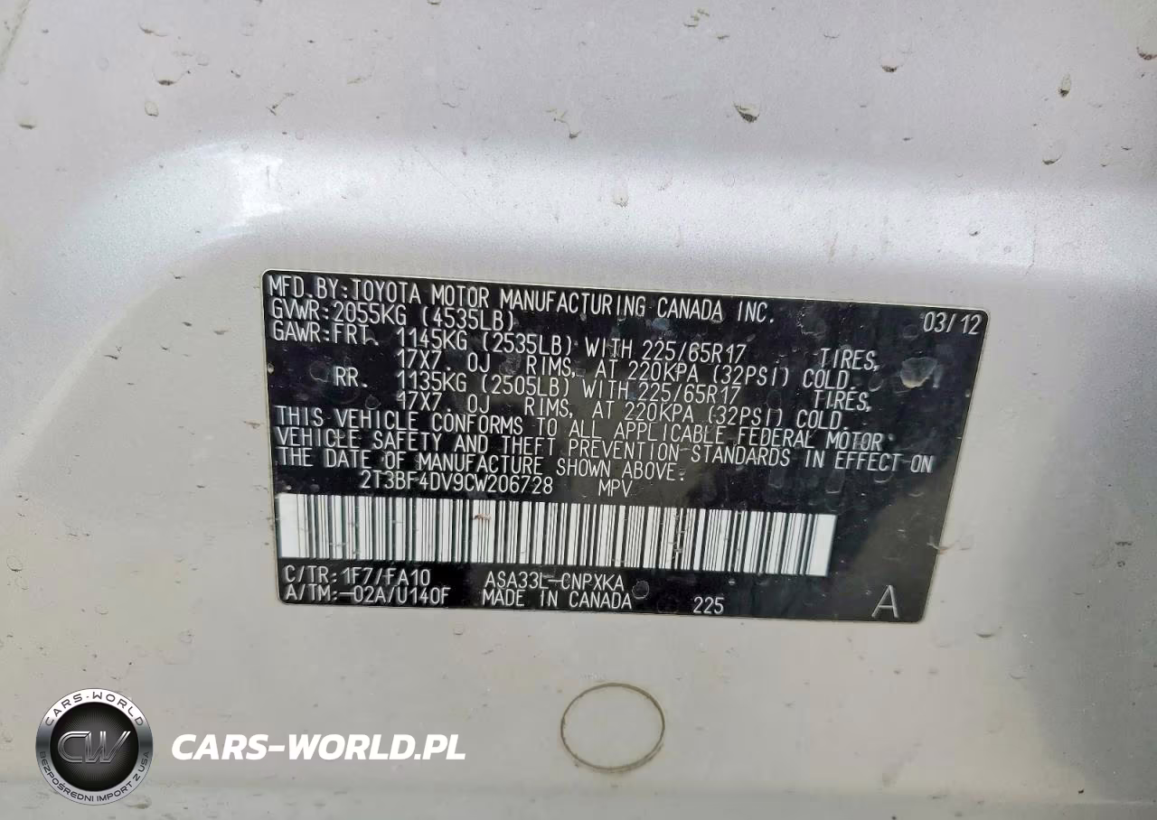 2012 Toyota Rav4 Base VIN:2T3BF4DV9CW206728 - 12