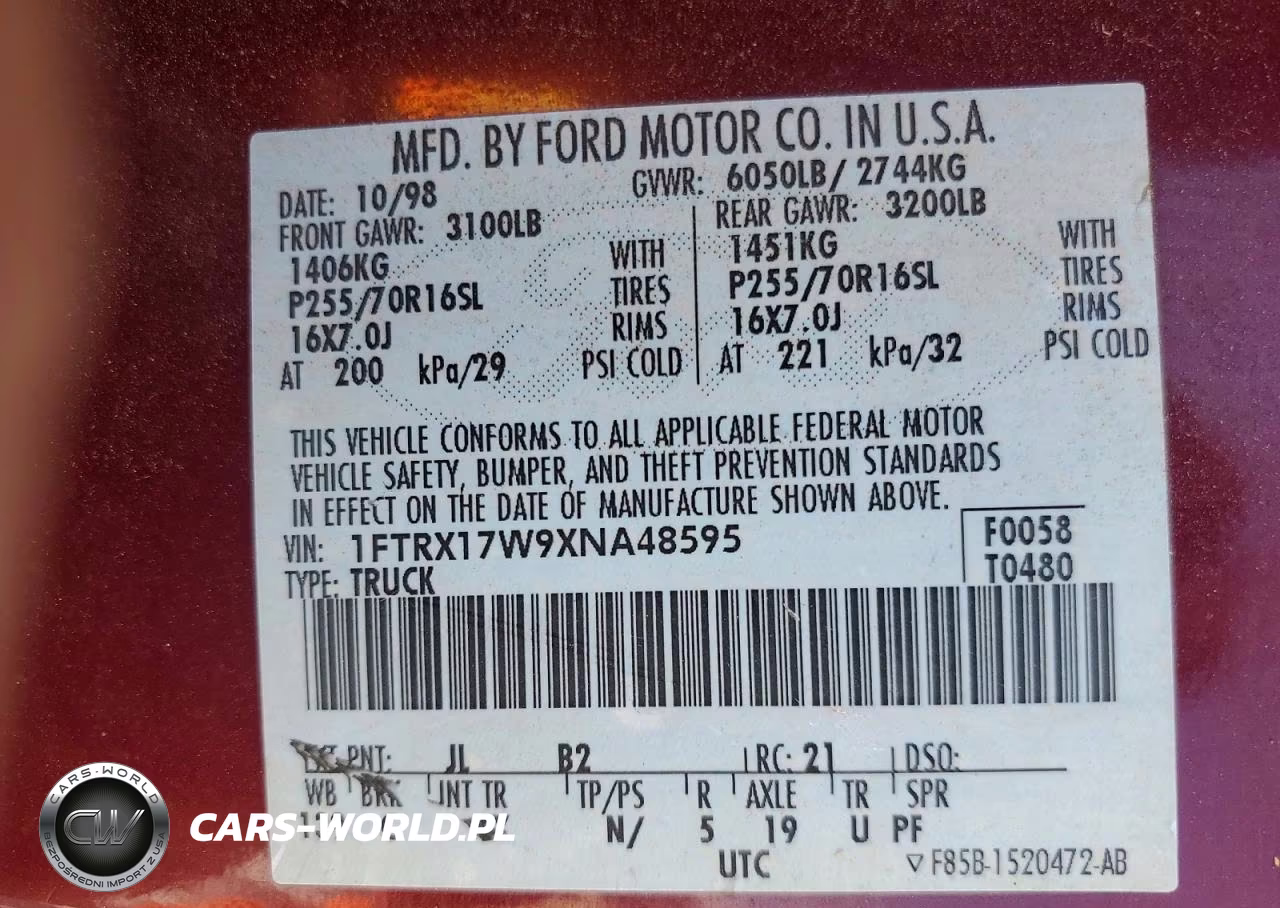 1999 Ford F150 VIN:1FTRX17W9XNA48595 - 13