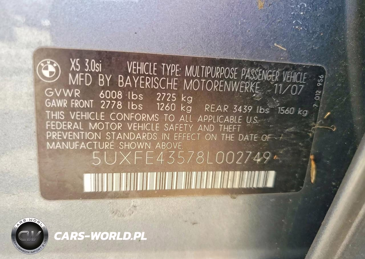 2008 BMW X5 3.0I VIN:5UXFE43578L002749 - 13
