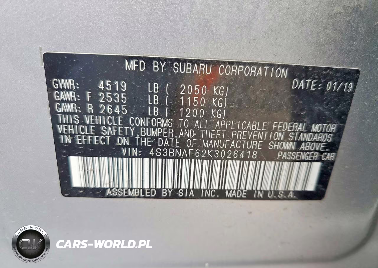 2019 Subaru Legacy VIN:4S3BNAF62K3026418 - 12