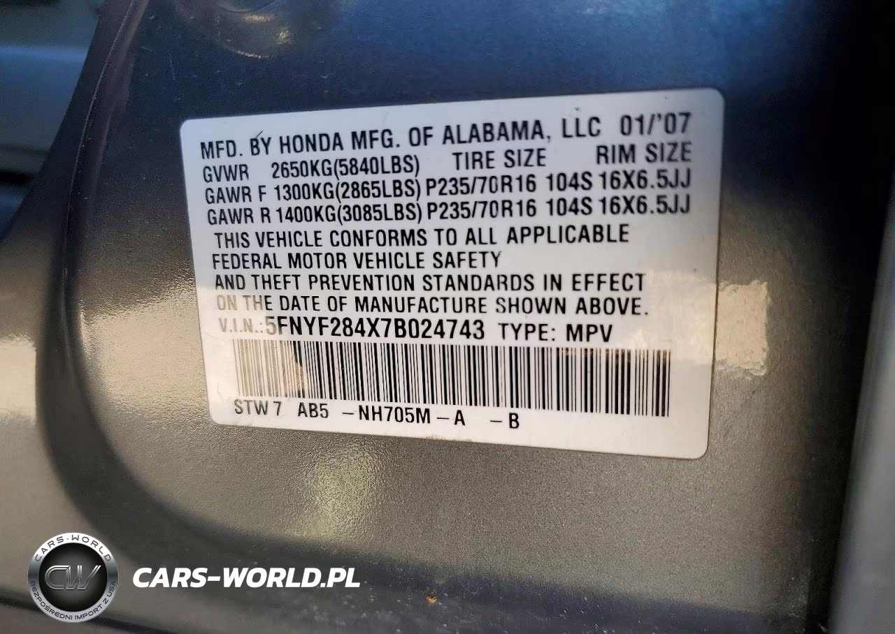 2007 Honda Pilot Ex VIN:5FNYF284X7B024743 - 13