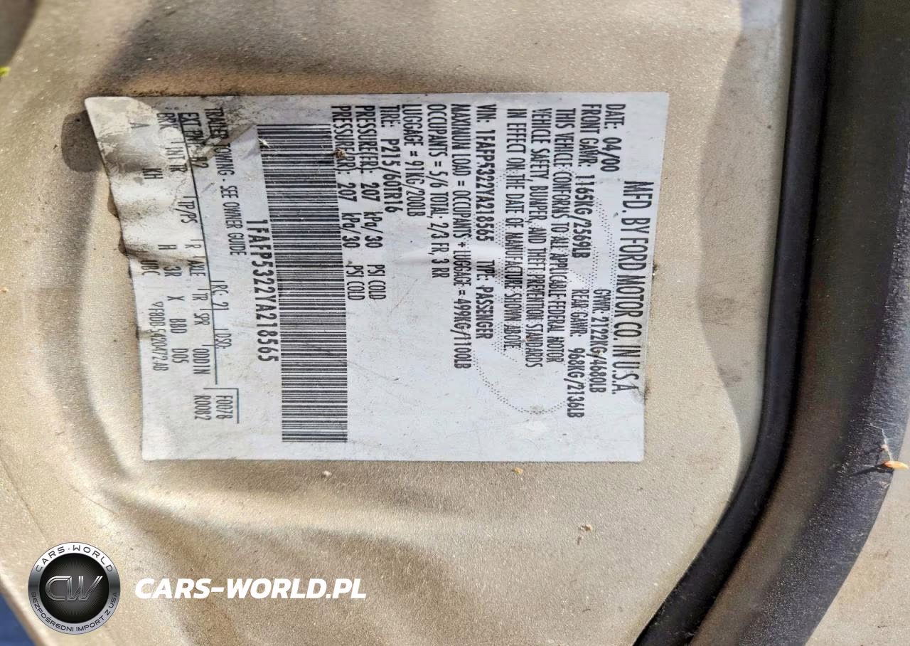 2000 Ford Taurus Se VIN:1FAFP5322YA218565 - 12