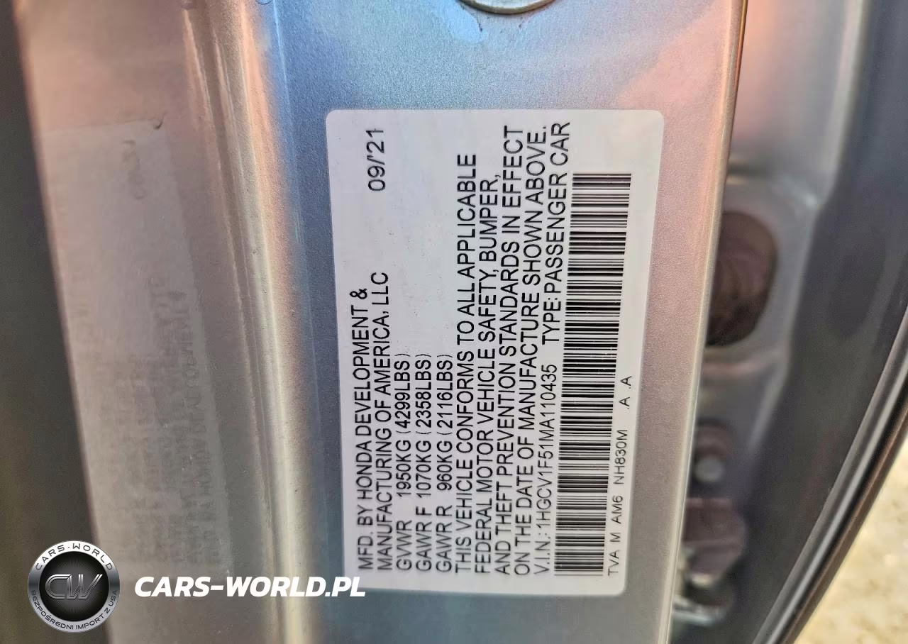 2021 Honda Accord Exl VIN:1HGCV1F51MA110435 - 13