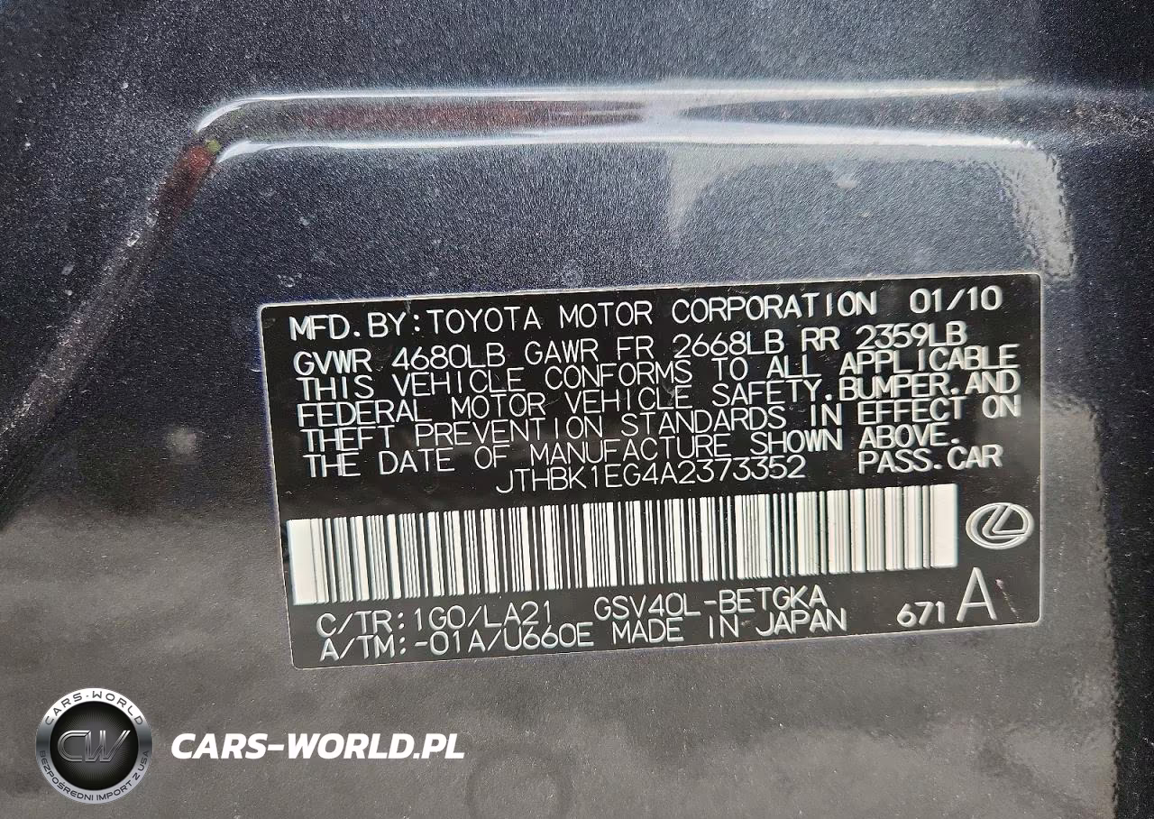 2010 Lexus Es 350 Base VIN:JTHBK1EG4A2373352 - 12