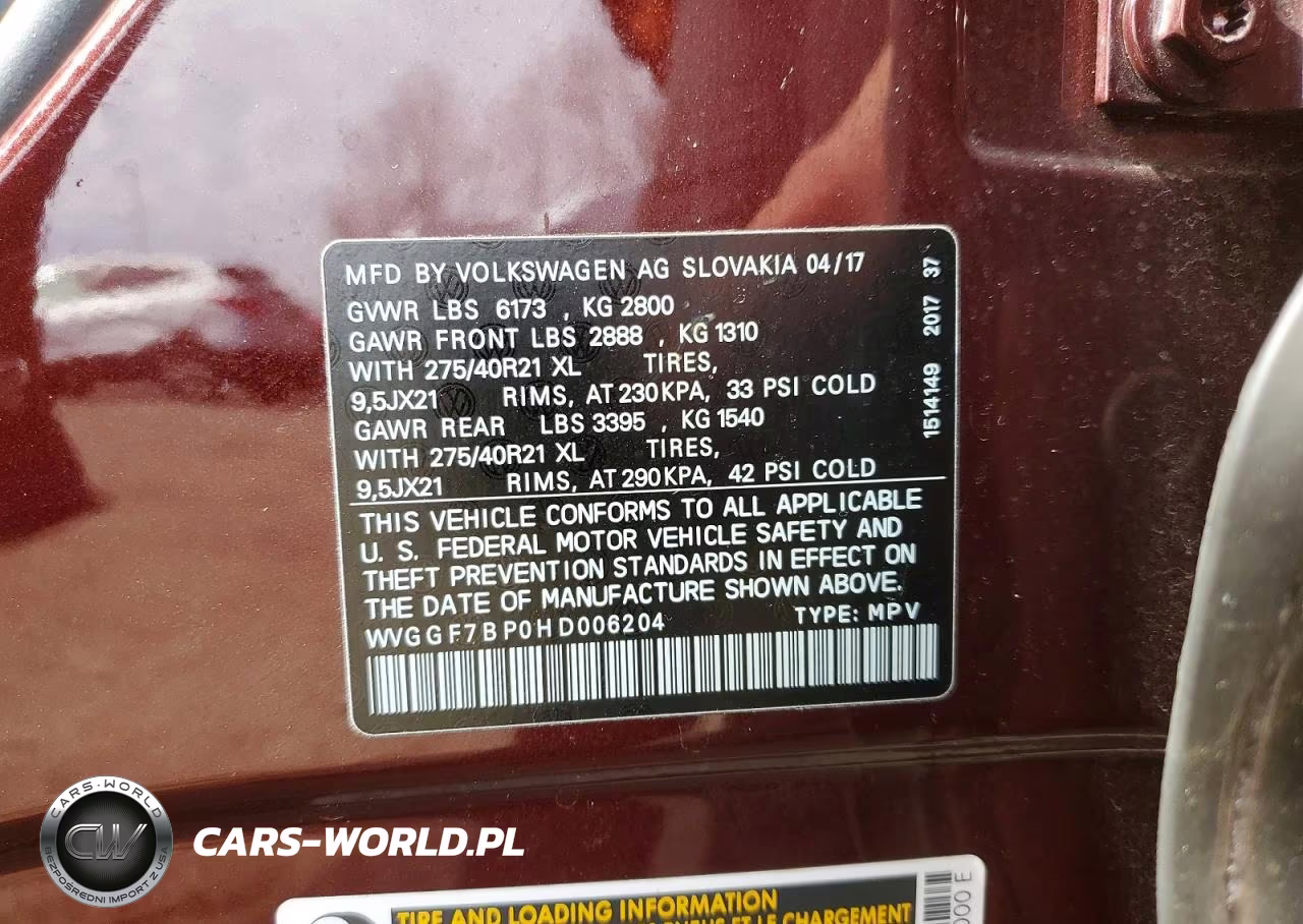 2017 Volkswagen Touareg Executive VIN:WVGGF7BP0HD006204 - 13