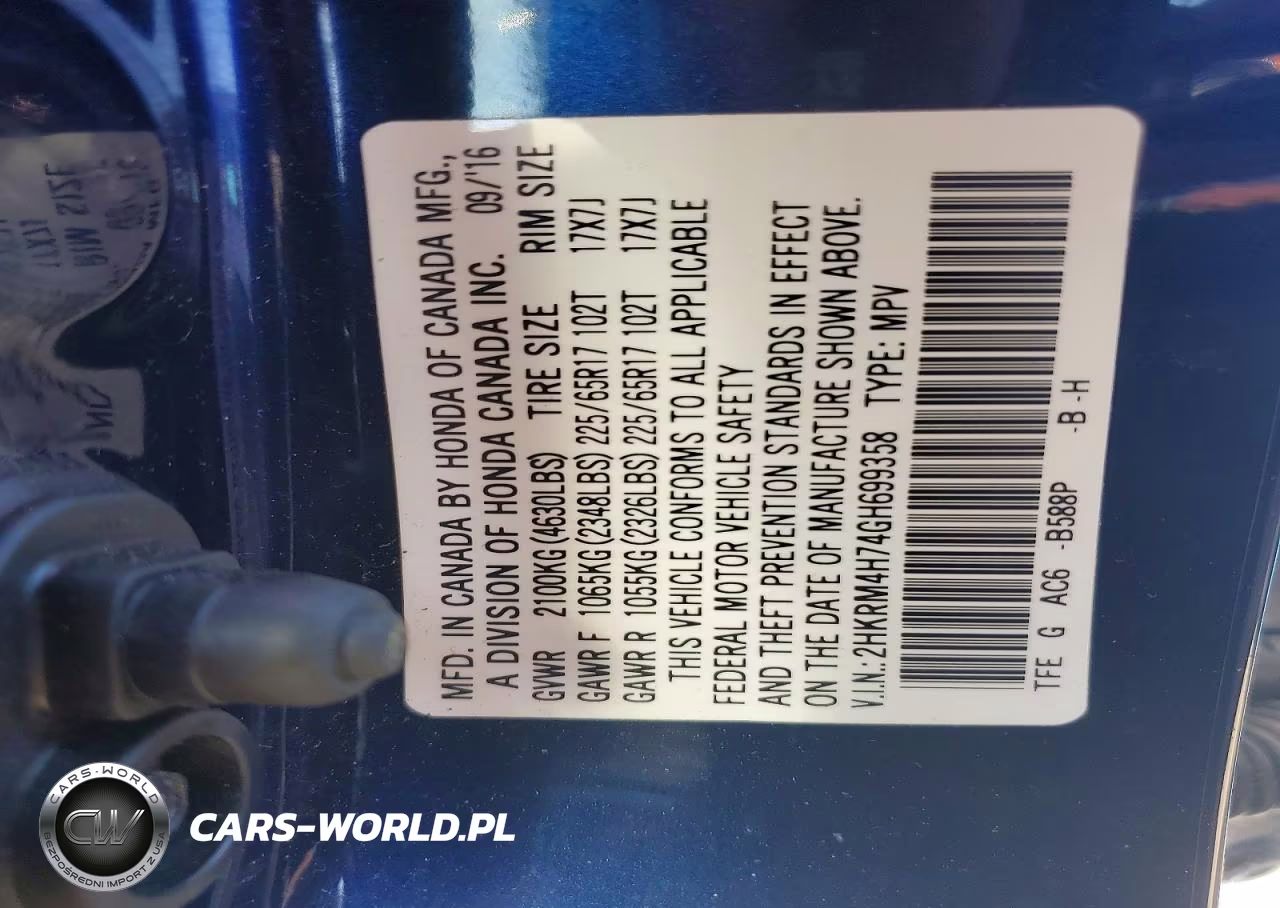 2016 Honda Cr-V Exl VIN:2HKRM4H74GH699358 - 13