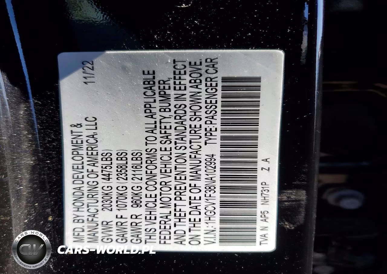 2022 Honda Accord Sport VIN:1HGCV1F38NA102994 - 12