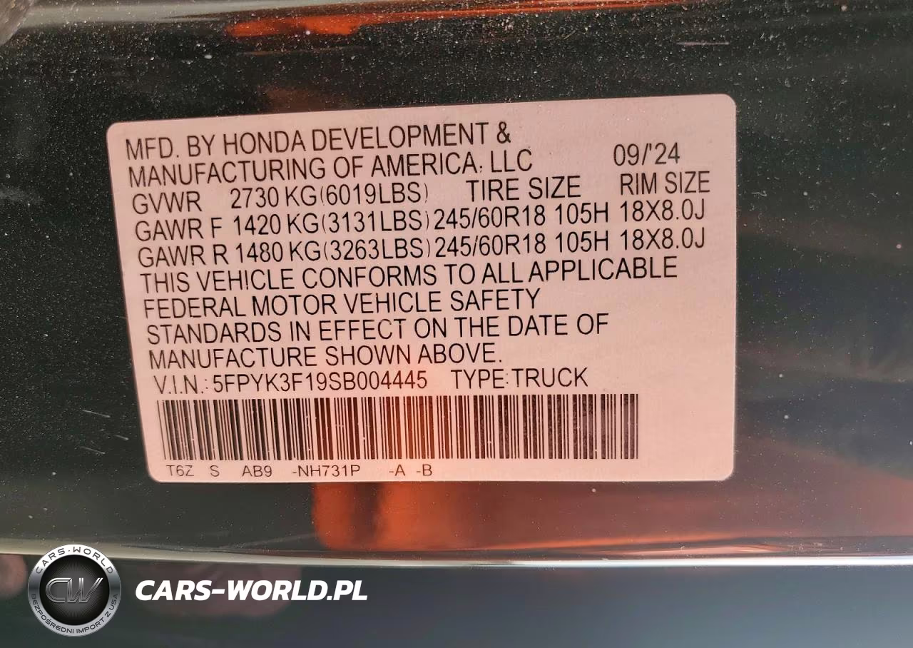 2025 Honda Ridgeline Sport VIN:5FPYK3F19SB004445 - 12