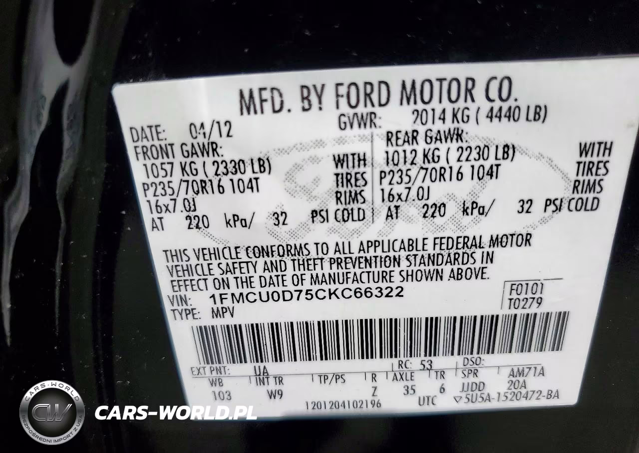 2012 Ford Escape Xlt VIN:1FMCU0D75CKC66322 - 14