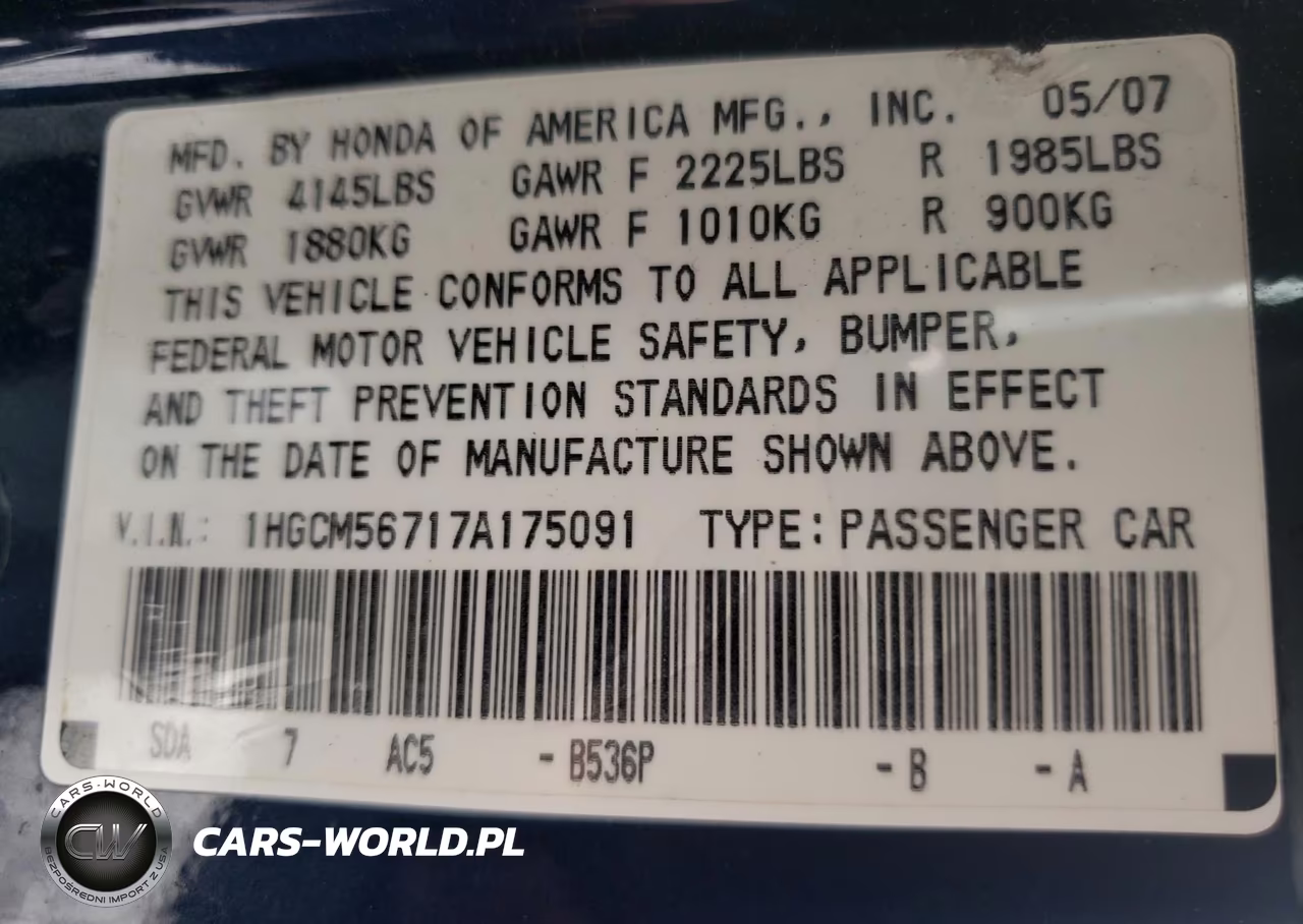 2007 Honda Accord Ex VIN:1HGCM56717A175091 - 10