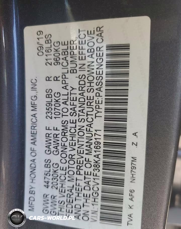 2019 Honda Accord Sport VIN:1HGCV1F38KA169171 - 12