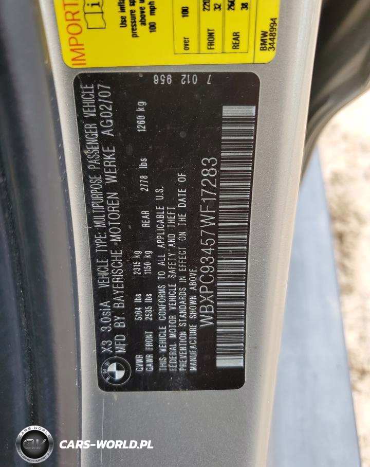 2007 BMW Motorrad X3 3.0Si VIN:WBXPC93457WF17283 - 13