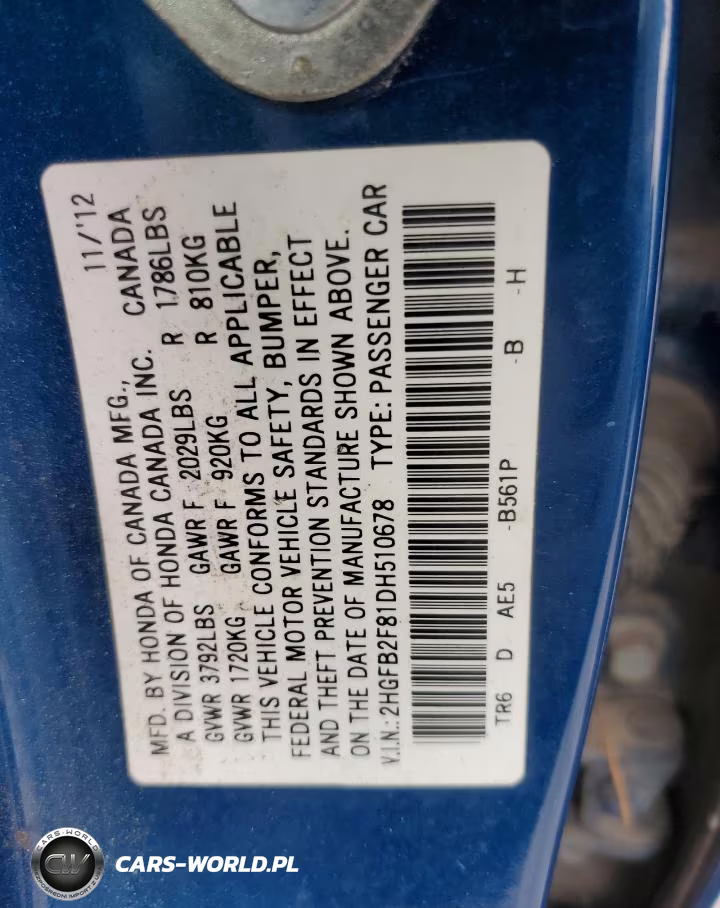 2013 Honda Civic Ex VIN:2HGFB2F81DH510678 - 12