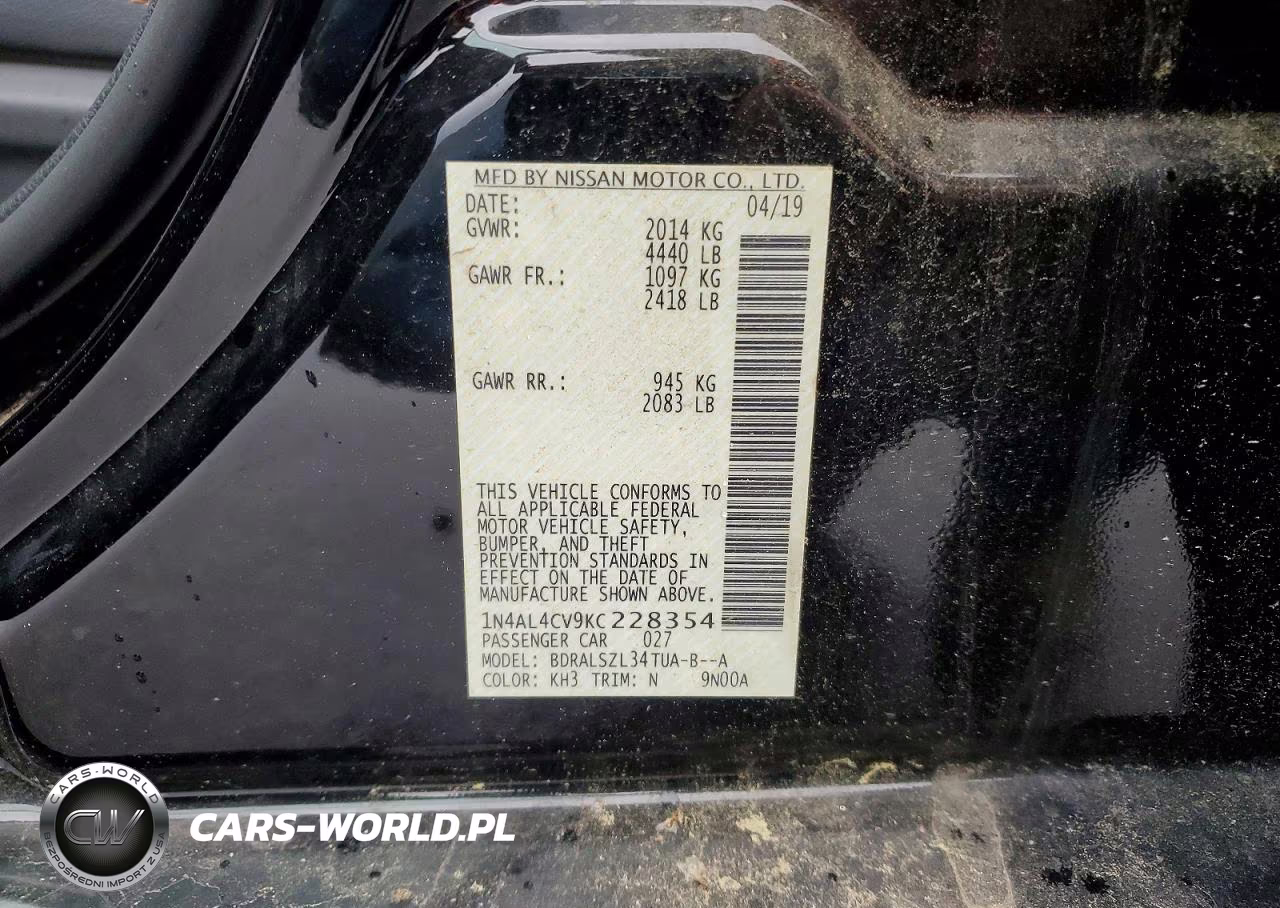 2019 Nissan Altima 2.0 Sr VIN:1N4AL4CV9KC228354 - 12
