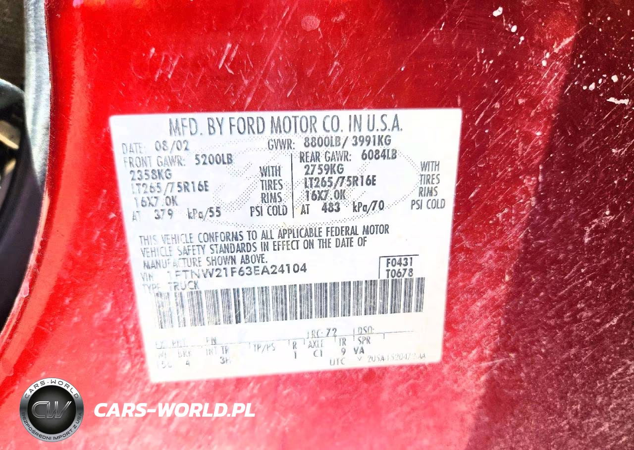 2003 Ford F250 Super Duty VIN:1FTNW21F63EA24104 - 12