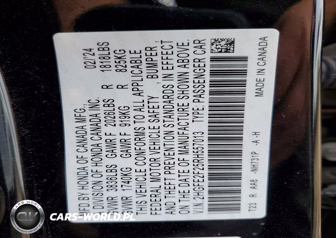 2024 Honda Civic Lx VIN:2HGFE2F25RH557013 - 12