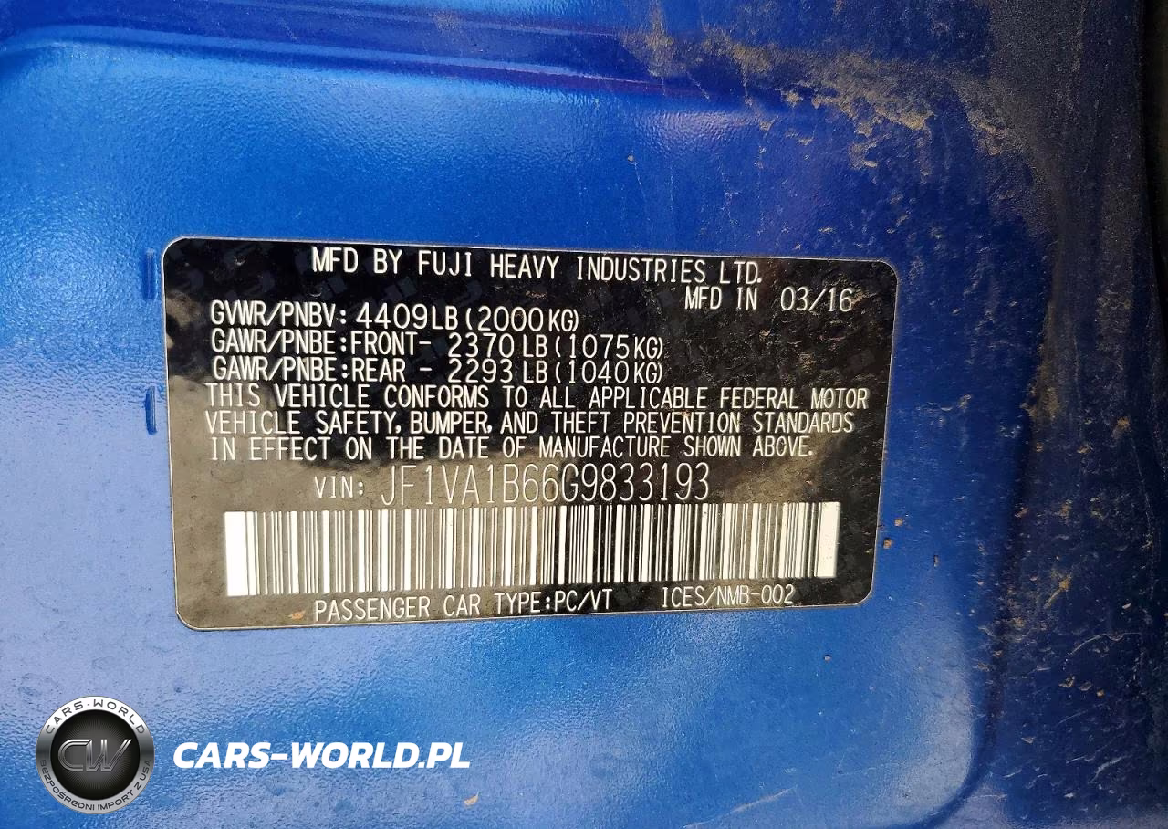 2016 Subaru Wrx Limited Manual VIN:JF1VA1B66G9833193 - 12