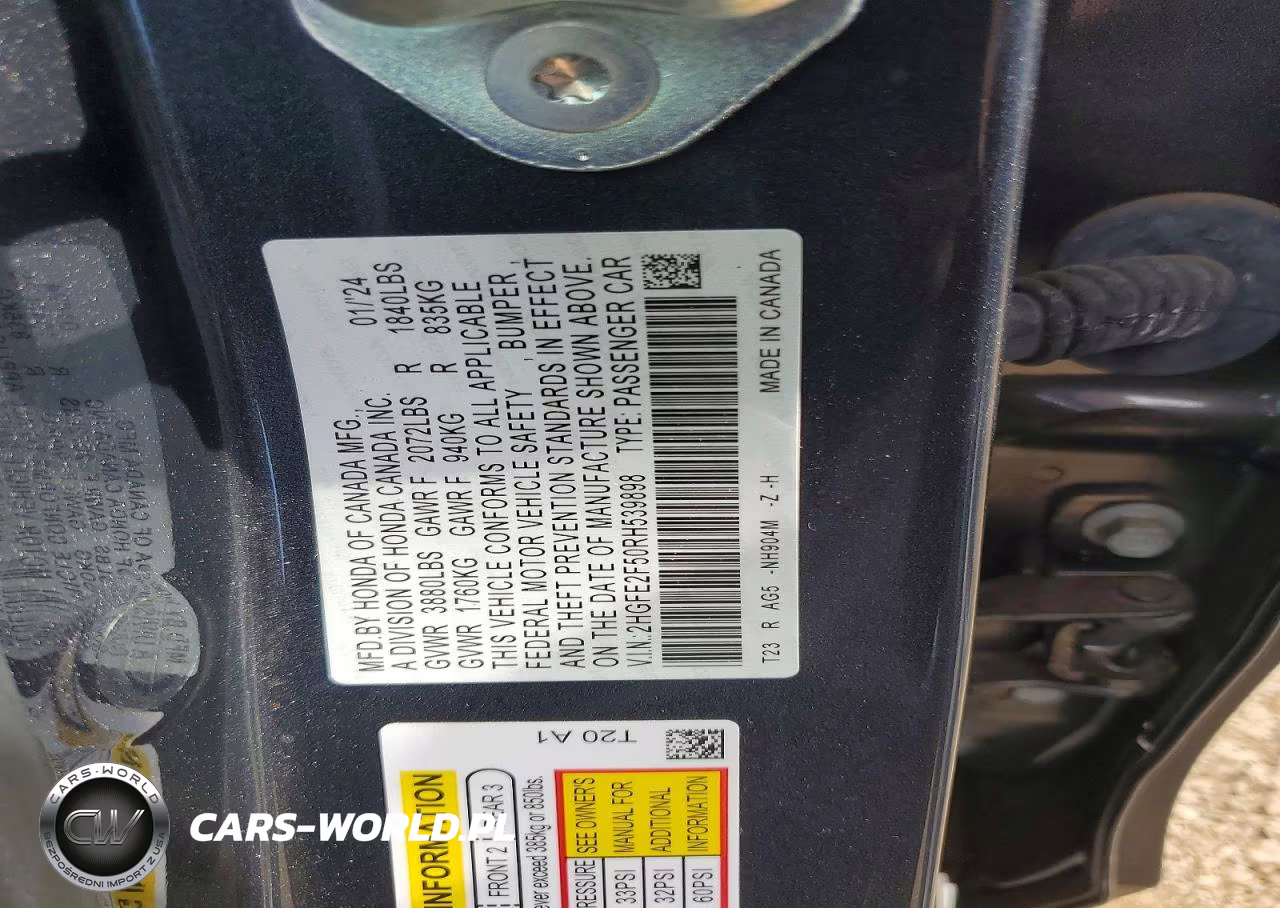2024 Honda Civic Sport VIN:2HGFE2F50RH539898 - 12
