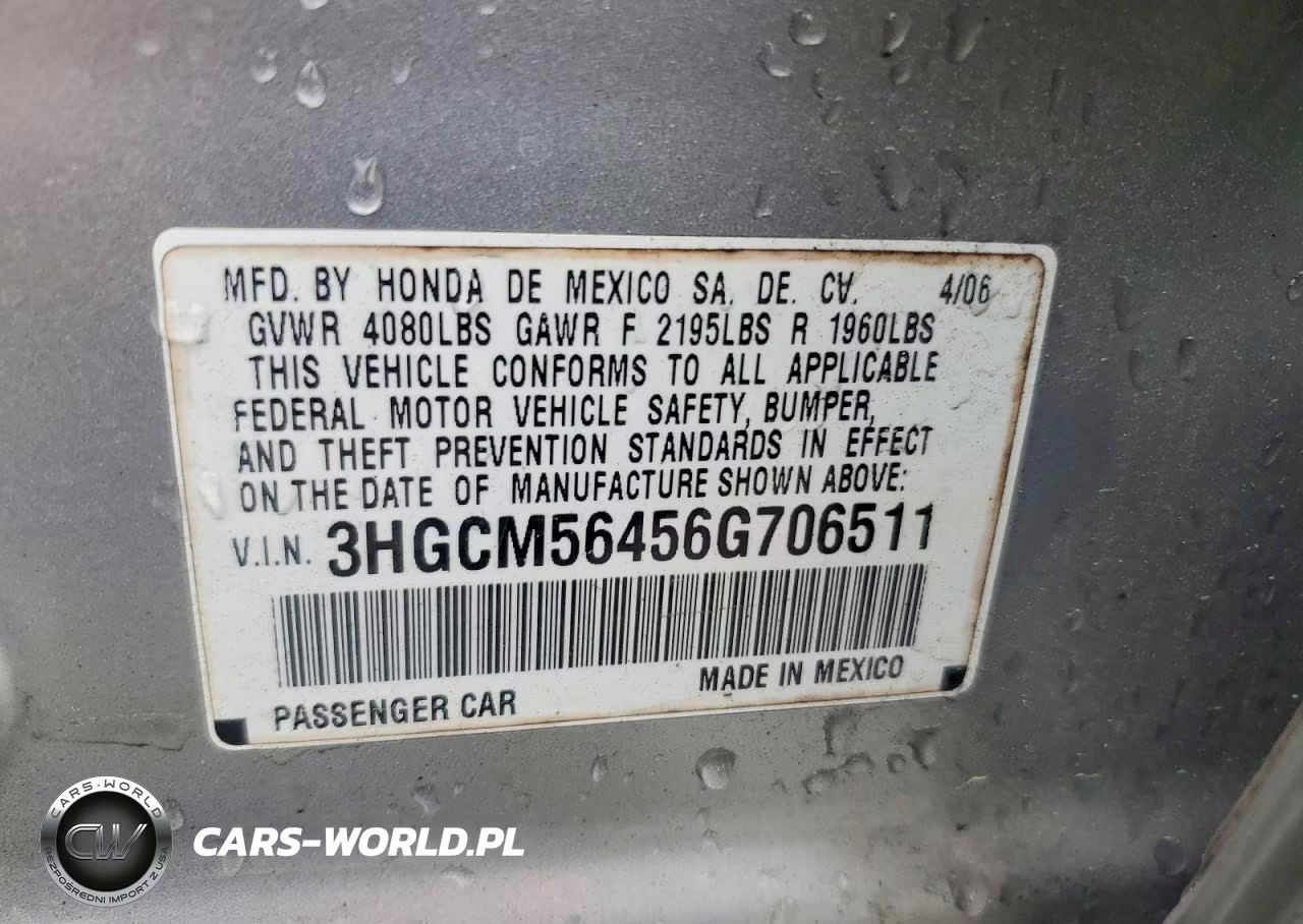 2006 Honda Accord Lx VIN:3HGCM56456G706511 - 12