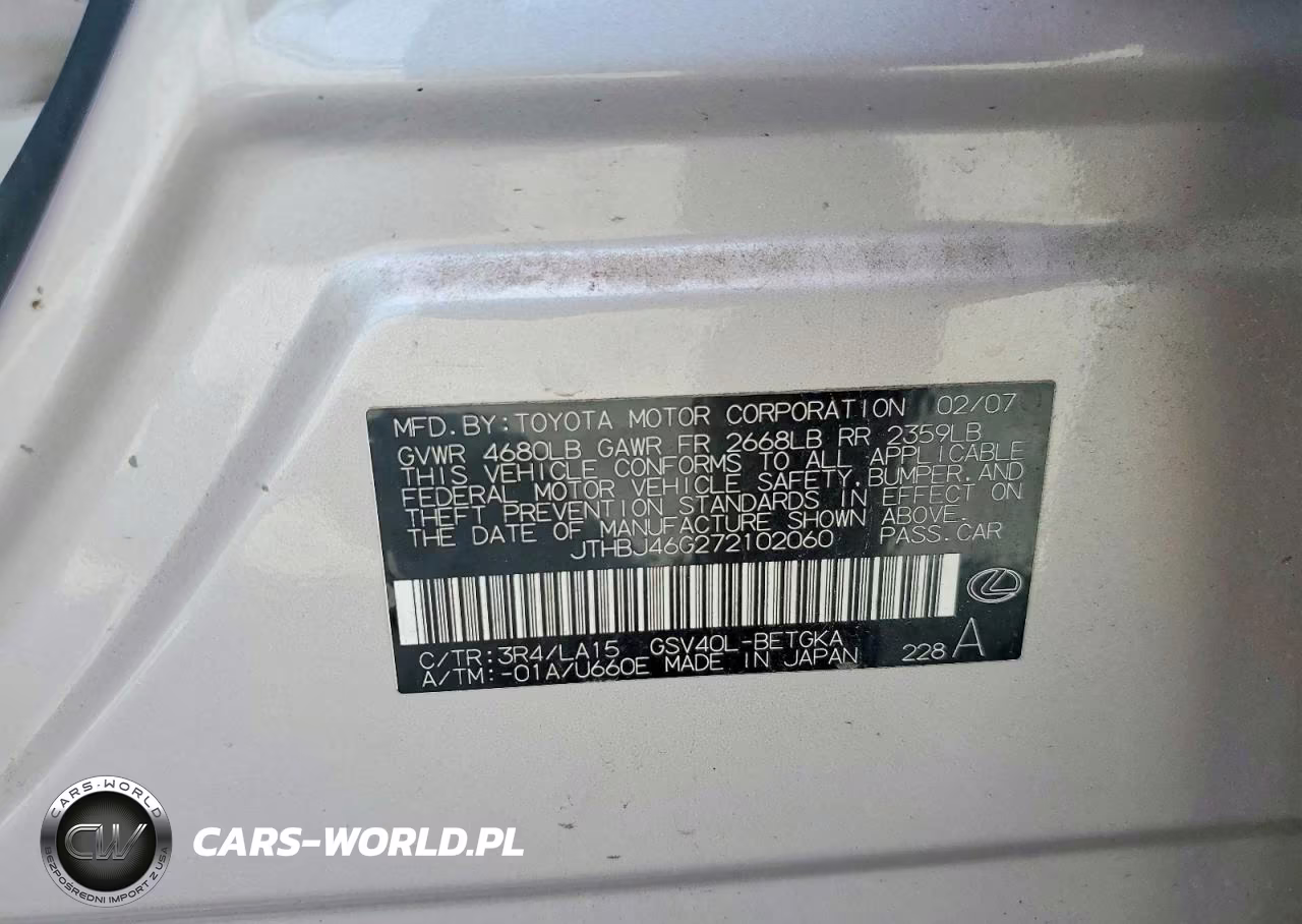 2007 Lexus Es 350 Base VIN:JTHBJ46G272102060 - 12