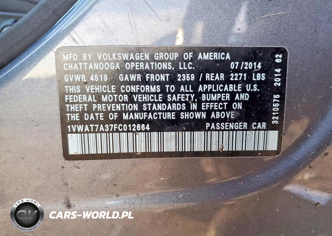 2015 Volkswagen Passat S VIN:1VWAT7A37FC012664 - 13
