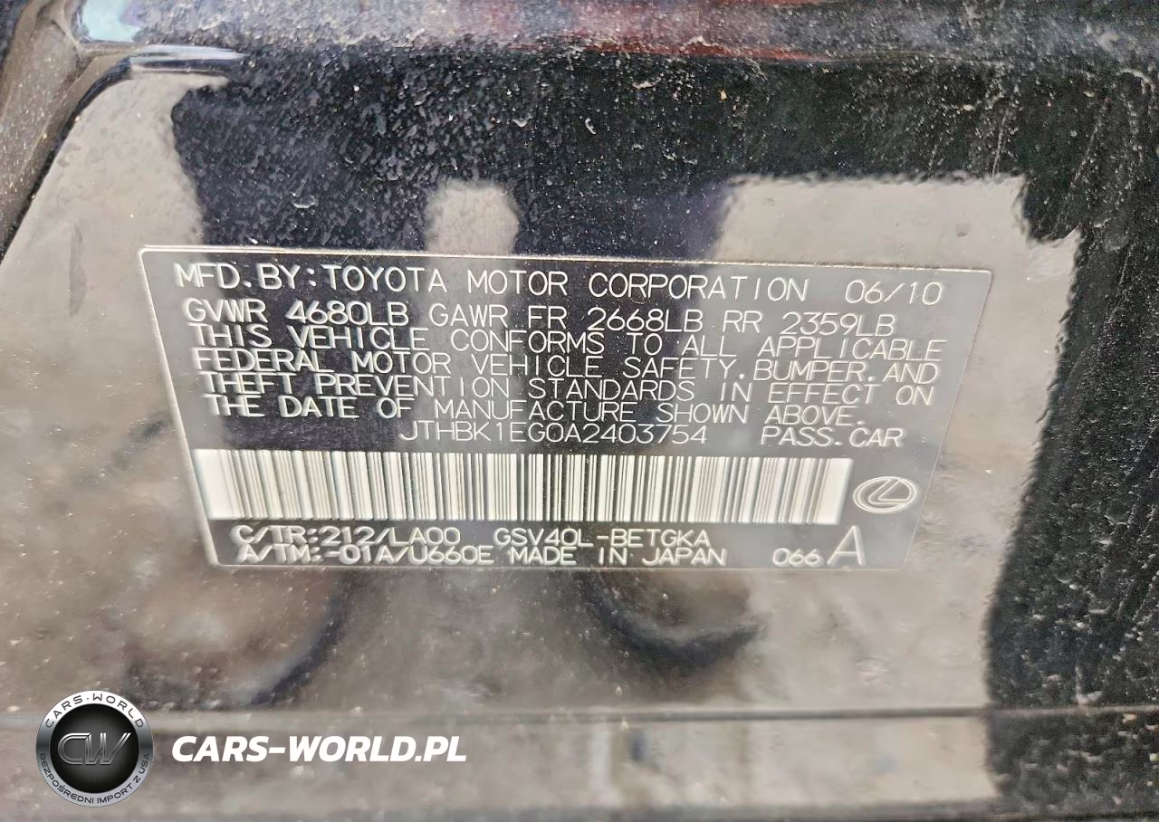 2010 Lexus Es 350 Base VIN:JTHBK1EG0A2403754 - 12