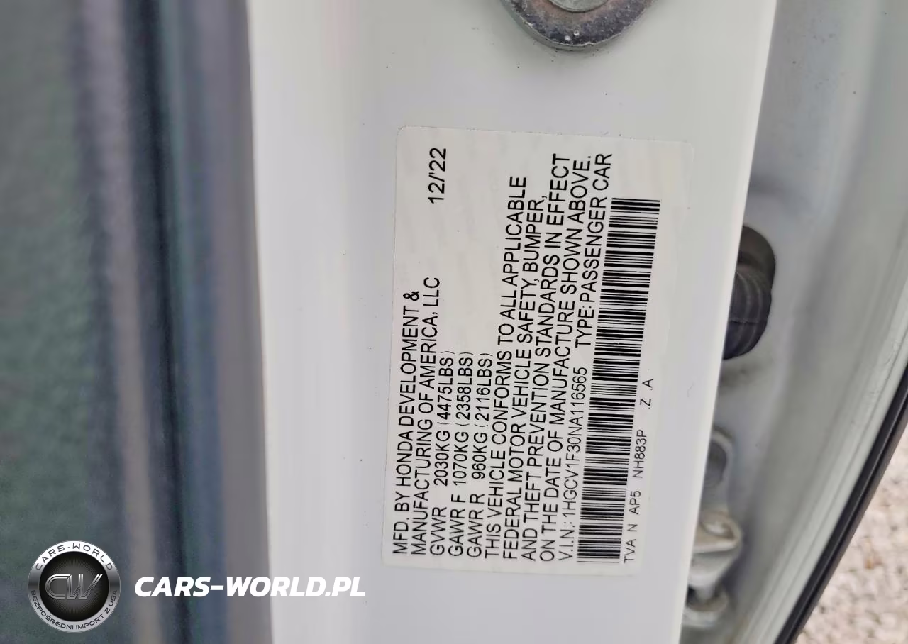 2022 Honda Accord Sport VIN:1HGCV1F30NA116565 - 12