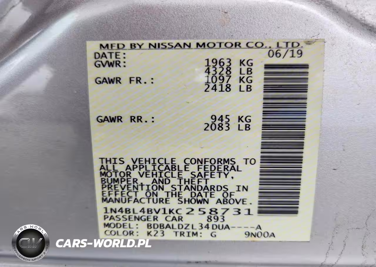 2019 Nissan Altima 2.5 S VIN:1N4BL4BV1KC258731 - 12