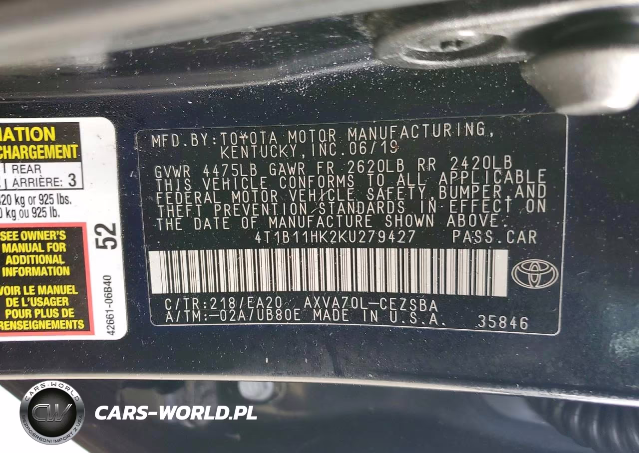 2019 Toyota Camry Se VIN:4T1B11HK2KU279427 - 12