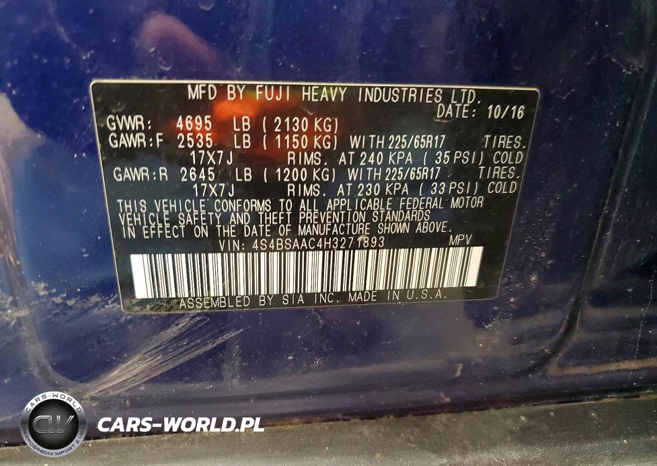 2017 Subaru Outback 2.5I VIN:4S4BSAAC4H3271893 - 14