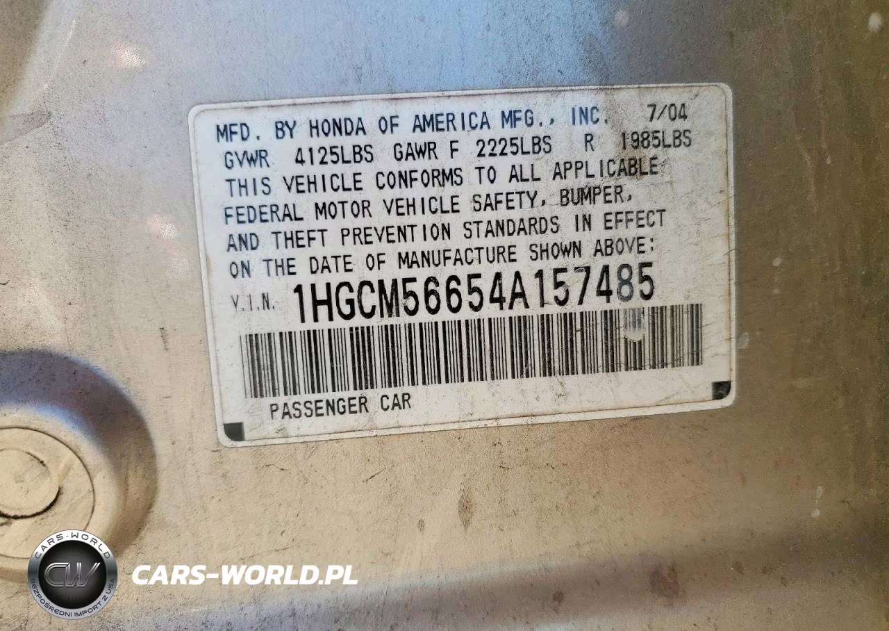 2004 Honda Accord Ex VIN:1HGCM56654A157485 - 12