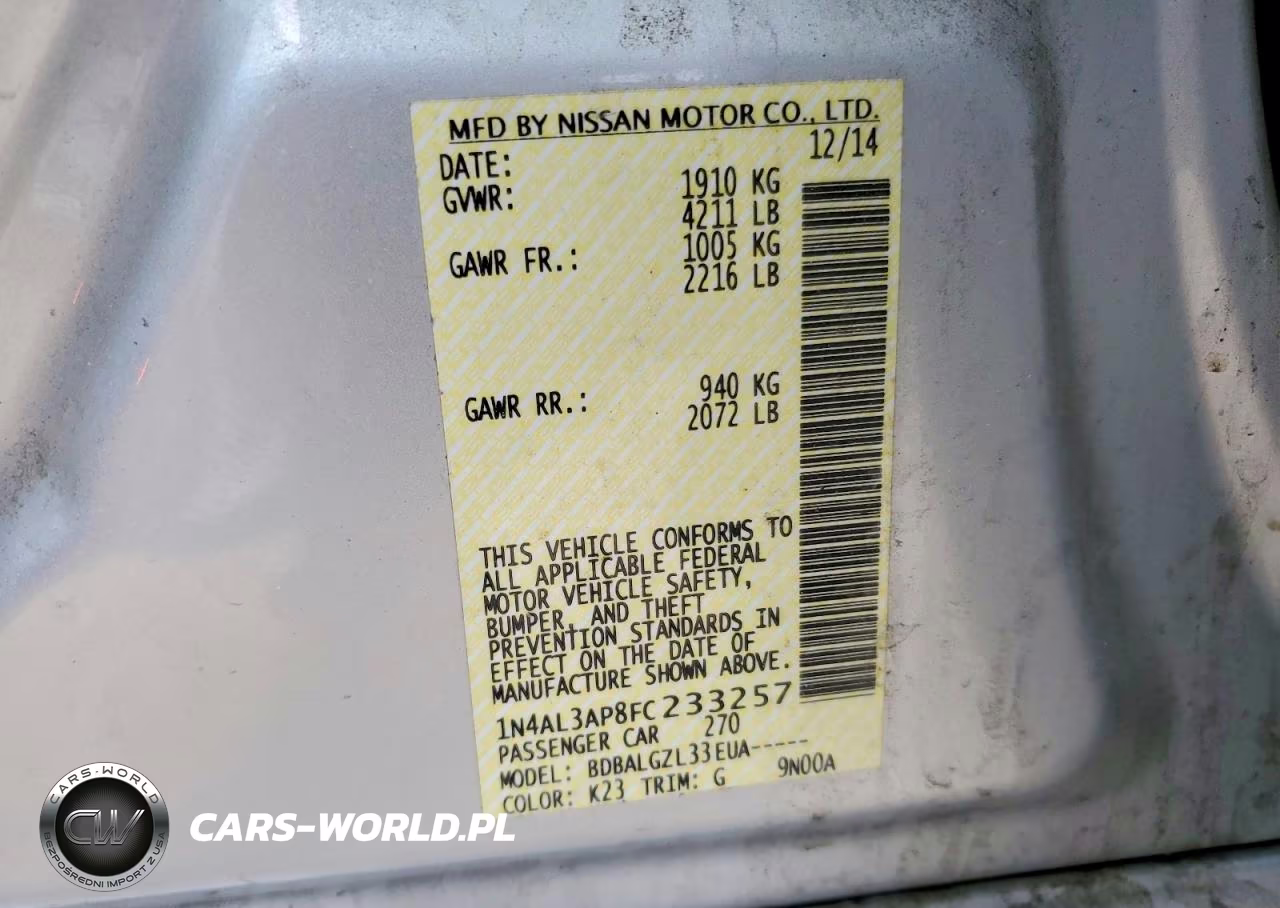 2015 Nissan Altima 2.5 S VIN:1N4AL3AP8FC233257 - 12