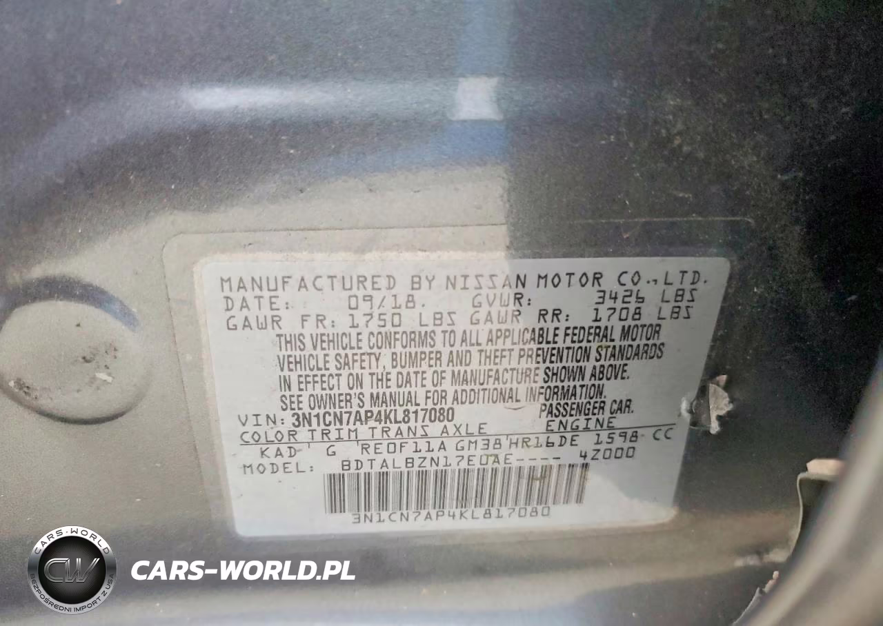 2019 Nissan Versa Sv VIN:3N1CN7AP4KL817080 - 12