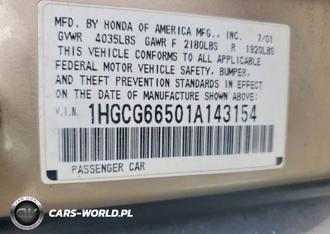 2001 Honda Accord Lx VIN:1HGCG66501A143154 - 12