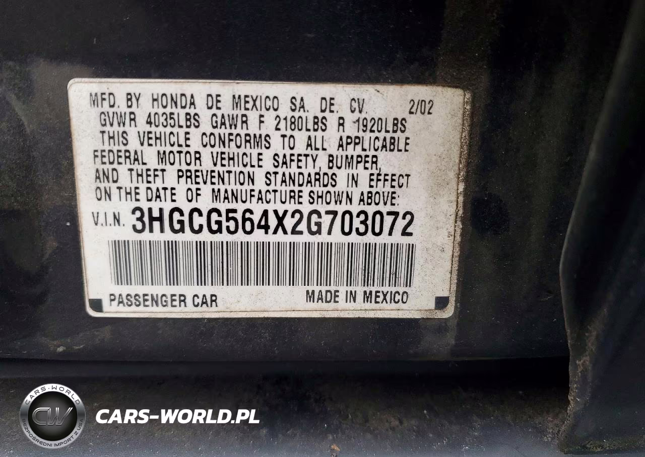 2002 Honda Accord Lx VIN:3HGCG564X2G703072 - 12