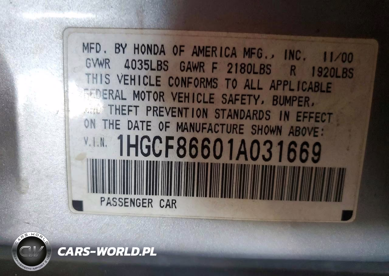 2001 Honda Accord Lx VIN:1HGCF86601A031669 - 12