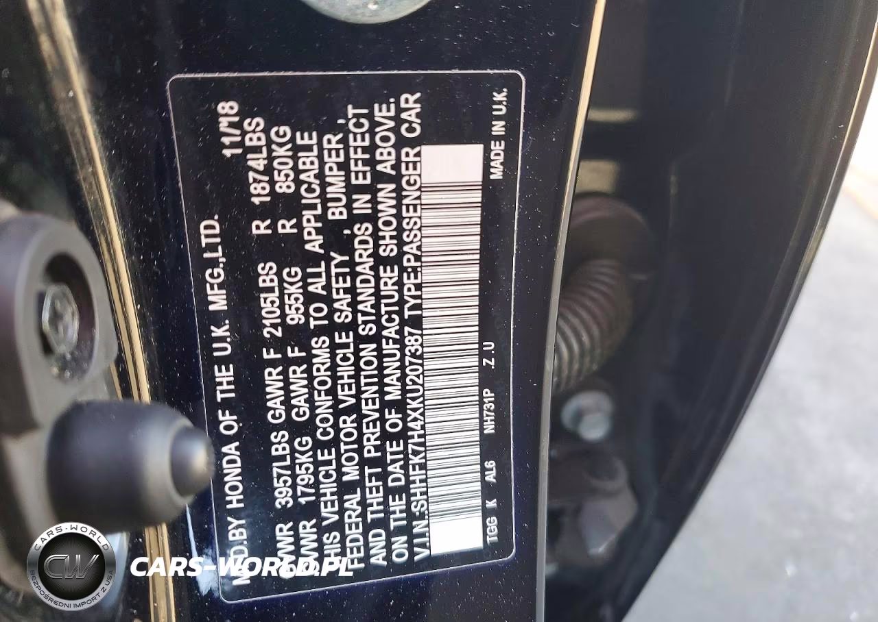2019 Honda Civic Sport VIN:SHHFK7H4XKU207387 - 12
